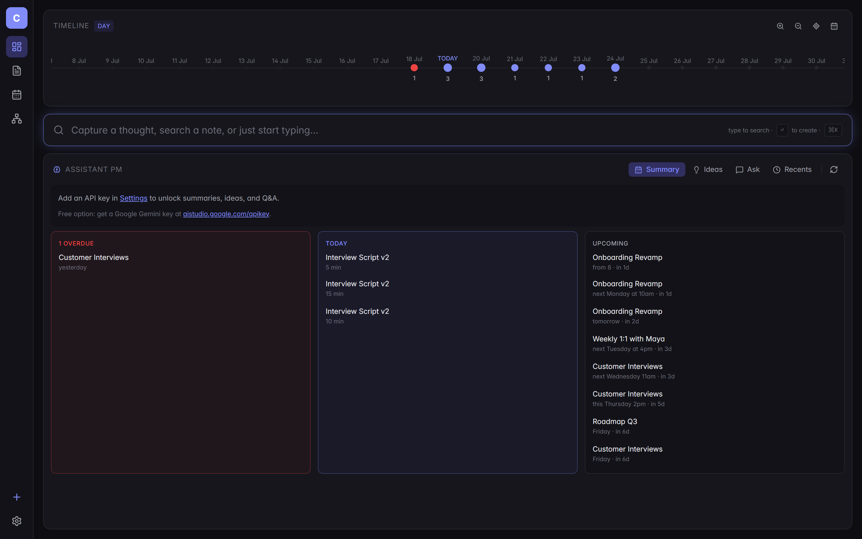 Cortex dashboard: timeline of commitments, a global capture bar, and an AI assistant panel with Overdue, Today, and Upcoming buckets.
