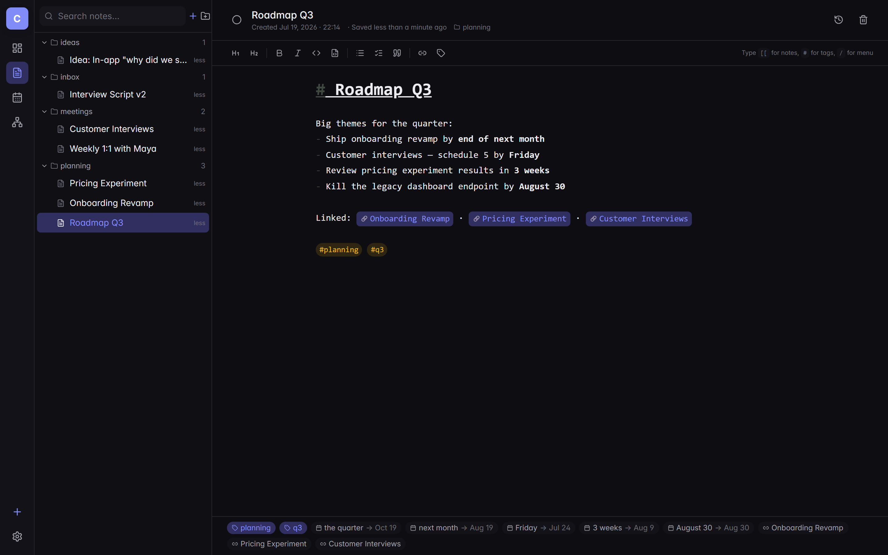 Cortex note editor showing a Roadmap Q3 note with wikilinks and parsed date chips.