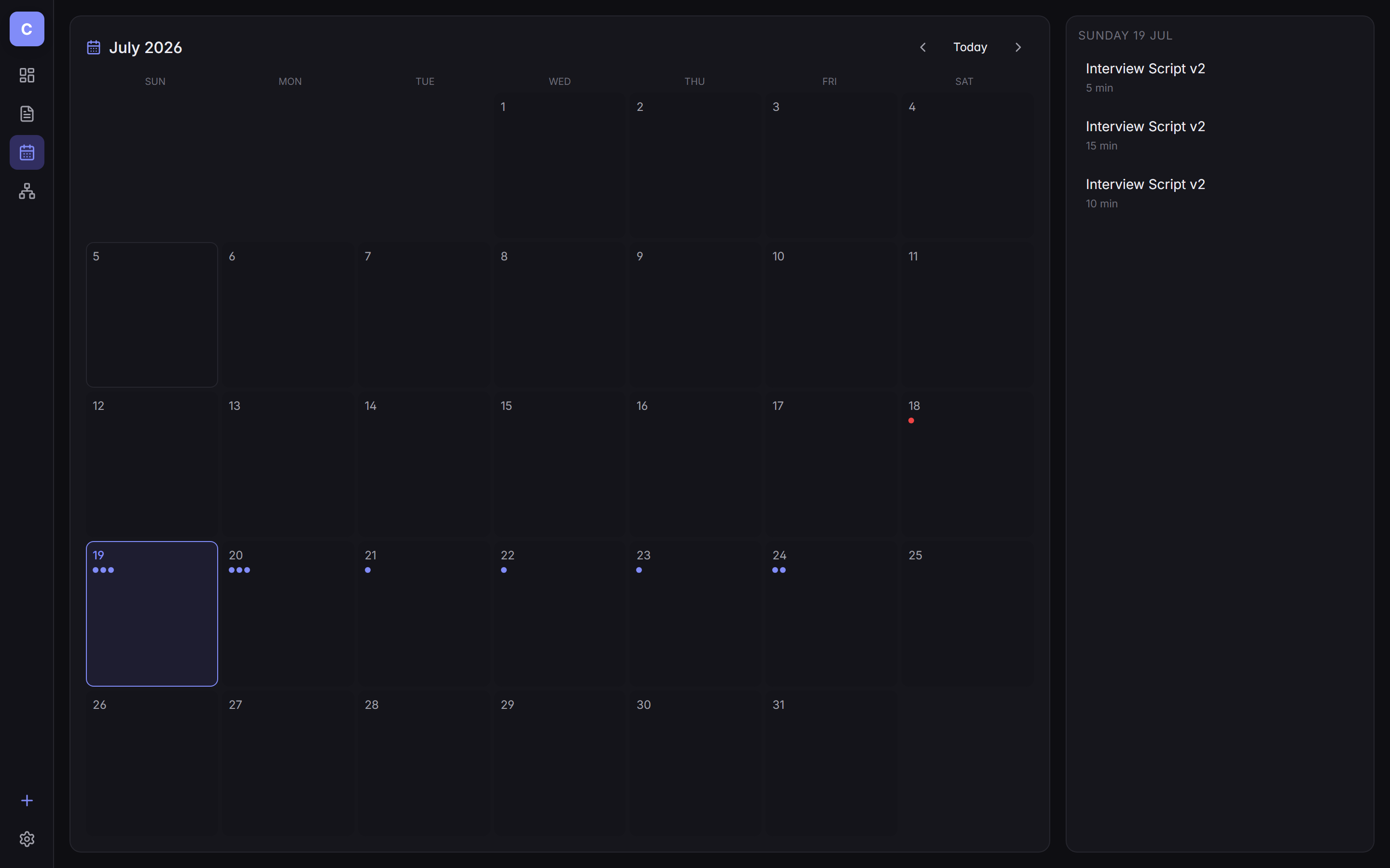Cortex month calendar with dots on days that carry commitments.